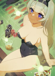 Rule 34 | 1girl, animal ears, bare shoulders, black hairband, black leotard, breasts, commentary, cup, drinking glass, fake animal ears, firefly (honkai: star rail), grey hair, hairband, highres, honkai: star rail, honkai (series), large breasts, leotard, poker chip, rabbit ears, sitting, solo, strapless, strapless leotard, thighs, yellow glasses (odivichno)