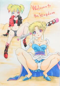 2girls absurdres arm_support ashigaki_radar asymmetrical_footwear baseball_bat batman_(series) black_boots black_gloves black_jacket black_panties black_shirt blonde_hair blue_dress blue_eyes blue_hair blue_shoes boots bow bow_panties bracelet breasts choker cleavage cloud collarbone dc_comics double_bun dress facepaint fingerless_gloves gloves graffiti grin hair_bun hand_on_own_knee harley_quinn harley_quinn_(suicide_squad_isekai) heart heart_on_cheek high_heels highres holding holding_baseball_bat jacket jewelry large_breasts looking_at_viewer midriff mismatched_footwear multicolored_hair multicolored_jacket multiple_girls navel one_eye_closed open_clothes open_jacket panties princess princess_fione purple_eyes red_boots red_hair red_jacket red_shirt shirt shoes short_hair short_sleeves sitting sky sleeveless sleeveless_dress smile spiked_bracelet spikes spread_legs squatting streaked_hair suicide_squad suicide_squad_isekai sweatdrop teeth twintails two-tone_jacket two-tone_shirt underwear white_gloves white_panties wink