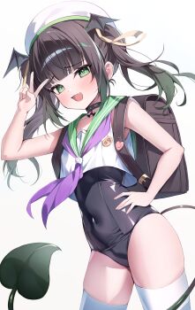 1girl :3 :d absurdres backpack bag bat_wings black_choker blush brown_bag brown_hair choker commentary covered_navel cowboy_shot crime_prevention_buzzer cropped_shirt demon_tail demon_wings fang gradient_hair green_eyes green_hair green_sailor_collar green_tail hand_on_own_hip hand_up hat head_wings highres indie_virtual_youtuber kimidori_mero korean_commentary long_hair looking_at_viewer mikiri multicolored_hair neckerchief one-piece_swimsuit open_mouth purple_neckerchief randoseru sailor_collar sailor_shirt school_swimsuit serasuku shirt simple_background skin_fang smile solo swimsuit tail thighhighs twintails two-tone_hair v virtual_youtuber white_background white_hat white_shirt white_thighhighs wings