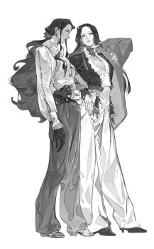 absurdres boa_hancock breasts cleavage commentary_request dark-skinned_female dark_skin earrings forehead full_body gloves greyscale hebi_utage high_heels highres hime_cut jacket jewelry long_hair long_sleeves midriff monochrome nico_robin one_piece open_clothes open_jacket puffy_long_sleeves puffy_pants puffy_sleeves smile