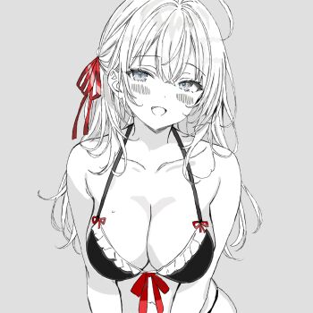 Rule 34 | 1girl, alisa mikhailovna kujou, armpit crease, bikini, black bikini, blush, blush stickers, breasts, cleavage, hair between eyes, hair ribbon, large breasts, long hair, looking at viewer, navel, open mouth, partially colored, red ribbon, ribbon, simple background, smile, solo, swimsuit, tokidoki bosotto roshia-go de dereru tonari no alya-san, upper body, user xfth4352, white background