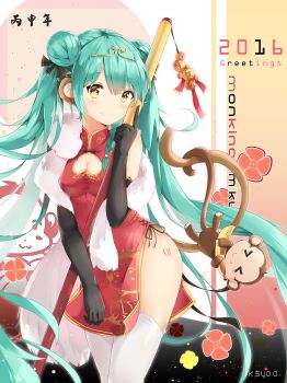 >_< 10s 1girl 2016 animal_ears artist_name asahi_kuroi bad_id bad_pixiv_id banana black_gloves china_dress chinese_clothes closed_eyes double_bun dress elbow_gloves female_focus food fruit gloves green_hair hair_bun hatsune_miku highres long_hair monkey monkey_ears monkey_tail smile solo tail thighhighs twintails very_long_hair vocaloid white_thighhighs yellow_eyes