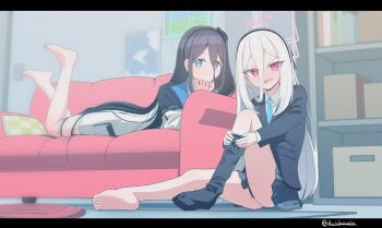 2girls absurdres adjusting_clothes adjusting_legwear aris_(blue_archive) black_hair black_thighhighs blue_archive blue_eyes closed_mouth collared_shirt hair_between_eyes halo hashtag-only_commentary highres kei_(blue_archive) kei_(new_body)_(blue_archive) knee_up kutzuha long_hair long_hair_between_eyes long_sleeves lying multiple_girls necktie on_stomach open_mouth red_eyes school_uniform shirt single_bare_foot single_thighhigh sitting skirt smile the_pose thighhighs very_long_hair white_hair