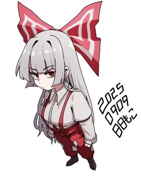 1girl absurdres blunt_bangs bow brown_shoes collared_shirt commentary_request dated from_above fujiwara_no_mokou full_body grey_hair grey_shirt hair_bow highres large_bow long_sleeves neophyte no_pupils pants red_bow red_eyes red_pants red_suspenders shirt shoes simple_background solo suspenders touhou transparent_background white_bow wing_collar