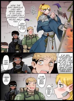 Rule 34 | 1girl, 3boys, armor, artist name, astra militarum, blonde hair, chilchuck tims, dungeon meshi, eldar, english text, explosion, highres, holding, holding staff, kabru, laios touden, marcille donato, multiple boys, odd onion, psyker, ratling (warhammer 40k), speech bubble, staff, tagme, warhammer 40k