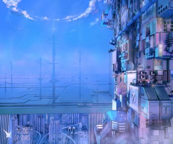 3d absurdres blue_sky building cloud fantasy hatsune_miku highres no_humans outdoors poster_(object) scenery sitai_xiii sky vocaloid