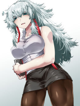 1girl black_skirt book breasts brown_pantyhose collarbone commentary_request fate/samurai_remnant fate_(series) green_eyes grey_hair highres holding holding_book large_breasts long_hair looking_at_viewer open_mouth pantyhose pencil_skirt ponytail shirt skirt solo tgxx3300 white_shirt yui_shousetsu_(fate)