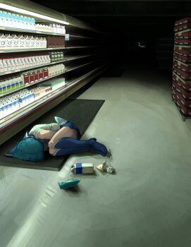 1girl back_bow bent_back bishoujo_senshi_sailor_moon blue_hair blue_skirt boots bow cheese choker curled_up darkness fetal_position food full_body gloves highres hugging_own_legs knees_to_chest liminal_space lying mercuri0ff milk_carton mizuno_ami on_floor on_side plantar_flexion sailor_mercury sailor_senshi_uniform short_hair skirt solo supermarket white_gloves