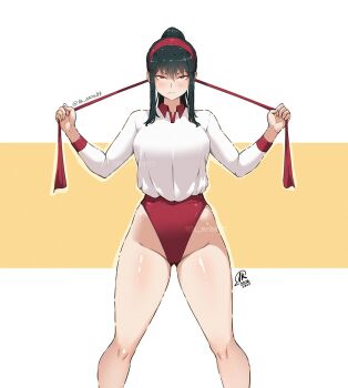 1girl 2025 adjusting_hair_ornament artist_logo bare_legs black_hair blush breasts buruma closed_mouth collar collared_shirt commentary english_commentary hair_between_eyes hairband hands_up highleg highleg_buruma jk_arts large_breasts logo long_hair looking_at_viewer ponytail red_buruma red_collar red_eyes red_hairband shirt shirt_tucked_in sidelocks solo spy_x_family thighs twitter_username white_shirt yor_briar