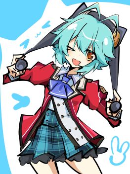 Rule 34 | 1girl, 25ocoveryui, absurdres, antenna hair, blue background, blue hair, brown eyes, eiyuu densetsu, hat, highres, jacket, looking at viewer, millium orion, one eye closed, open mouth, plaid clothes, plaid skirt, school uniform, sen no kiseki (series), sen no kiseki i, short hair, simple background, skirt, smile, solo, thors military academy class vii uniform, two-tone background, white background