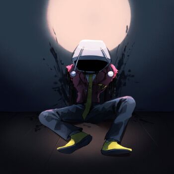 1boy ant_tenna black_pants commentary deltarune english_commentary jacket male_focus missing_limb necktie object_head ocohc pants red_jacket shoes sitting solo spotlight television utdr_(toby_fox) yellow_necktie yellow_shoes