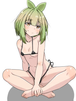 1girl :t arm_at_side bashame_meme bikini black_bikini blush breasts closed_mouth collarbone dot_nose embarrassed eyebrows_hidden_by_hair female_focus full_body green_hair hand_on_own_foot indian_style looking_at_viewer medium_hair micro_bikini microdon navel petite shikanoko_nokonoko_koshitantan sitting small_breasts solo sweat swimsuit yellow_eyes