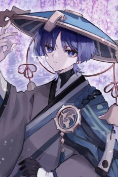 1boy absurdres black_gloves black_shirt blue_cape blue_hat blue_rope blunt_ends cape curled_fingers eyelashes eyeliner eyeshadow fingernails genshin_impact gloves gold grey_kimono hand_up hat highres japanese_clothes kesa kimono looking_at_viewer makeup male_focus mitsudomoe_(shape) official_alternate_costume parted_bangs parted_lips prototype_design purple_eyes red_eyeliner red_eyeshadow rope runn0524 scaramouche_(genshin_impact) shimenawa shirt single_glove solo tassel tomoe_(symbol) tsurime turtleneck turtleneck_shirt twitter_username undershirt upper_body wanderer_(genshin_impact) white_mouth wide_sleeves