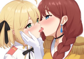2girls ahoge anisphia_wynn_palettia black_ribbon blonde_hair blush bob_cut brown_hair commentary_request earrings eye_contact french_kiss green_eyes highres incest jewelry kiss looking_at_another mother_and_daughter multiple_girls neck_ribbon open_mouth ribbon saliva simple_background sylphine_maise_palettia tensei_oujo_to_tensai_reijou_no_mahou_kakumei tongue tongue_out tsuruyama_(tenten) white_background yuri