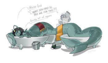 1boy 1girl anglerfish_boy bathtub black_hair blue_eyes bucket bucket_of_water claw_foot_bathtub claws commentary creature english_commentary english_text extra_arms extra_eyes eyefestation fins full_body giluxyp head_fins highres in_bathtub long_tail merman monster_boy pressure_(roblox) roblox running sebastian_solace short_hair simple_background tail white_background