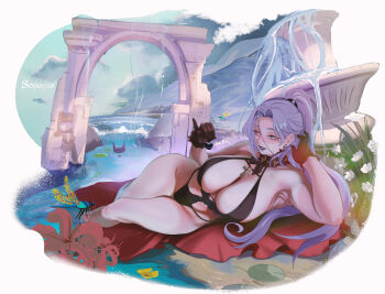 1girl absurdres ankh black_gloves black_lips black_one-piece_swimsuit blue_eyes breasts bug cleavage commentary dragonfly ear_piercing english_commentary flower fountain full_body gem gloves granblue_fantasy heterochromia high_ponytail highres holding_cherry huge_breasts insect lipstick lying makeup mature_female on_side one-piece_swimsuit osiris_(granblue_fantasy) outdoors piercing ponytail purple_hair red_eyes red_gem shishiria solo swimsuit water white_flower yellow_flower