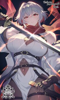 1girl bare_shoulders belt belt_buckle bilingual_commentary black_belt bodystocking breasts brown_bodystocking buckle cleavage_cutout clothing_cutout colored_inner_hair commentary commission cowboy_shot crossed_bangs double-parted_bangs dress english_commentary glint grey_hair hair_between_eyes highres holding holding_sword holding_weapon jacket jacket_partially_removed large_breasts looking_at_viewer matsumoto_tomoyohi mixed-language_commentary multicolored_hair navel_cutout original parted_lips red_eyes red_scarf scarf short_hair skeb_commission solo sword weapon white_dress white_jacket