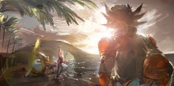 2boys 99ki5 beach black_hair black_shirt blue_coat blue_hair bomber_jacket bruno_(yu-gi-oh!) cloud cloudy_sky coat d-wheel dappled_sunlight denim elbow_pads evening facing_another facing_away fudo_yusei hair_slicked_back happy helmet highres holding holding_unworn_helmet jacket jeans light_particles looking_at_another male_focus motor_vehicle motorcycle motorcycle_helmet mountain mountainous_horizon multiple_boys ocean open_clothes open_coat outdoors outstretched_arm overcast palm_tree pants red_helmet shirt shoulder_pads sky sleeves_rolled_up spiked_hair striped_coat sunlight surfboard tree unworn_headwear unworn_helmet upper_body waving yu-gi-oh! yu-gi-oh!_5d's