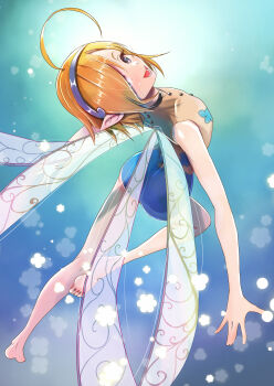 1girl absurdres ass bare_shoulders barefoot blue_background blue_eyes commentary_request fairy fairy_wings gallica_(metaphor:_refantazio) hair_over_one_eye hairband highres leotard lower_teeth_only metaphor:_refantazio one_eye_covered open_mouth orange_hair pointy_ears sg-003 short_hair sleeveless smile soles solo teeth wings