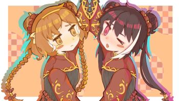 2girls arm_up black_dress black_hair blush_stickers border bow braid double_bun dress family_hierarch_candidate_(identity)_(project_moon) hair_bow hair_bun hair_ornament hair_scrunchie highres ishmael_(project_moon) jia_xichun_(project_moon) limbus_company long_hair low_twin_braids multiple_girls oasis_ssss one_eye_closed orange_background orange_hair pink_eyes project_moon red_scrunchie red_shrug scrunchie shrug_(clothing) twin_braids twintails very_long_hair white_border white_bow