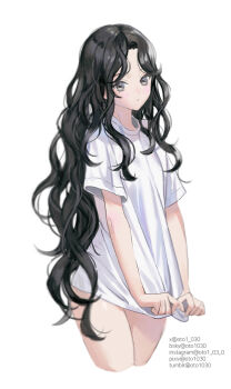 Rule 34 | 1girl, black hair, bluesky username, closed mouth, commentary, crew neck, cropped legs, curtained hair, english commentary, expressionless, forehead, grey eyes, highres, instagram username, long hair, looking at viewer, no pants, original, oto1 030, pixiv username, shirt, shirt tug, short sleeves, simple background, solo, standing, t-shirt, tumblr username, twitter username, very long hair, wavy hair, white background, white shirt