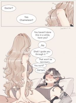 2girls absurdres artist_name black_hair black_tank_top bra brown_hair chameleon_(path_to_nowhere) closed_eyes commentary english_commentary english_text grey_bra grey_panties highres iron_(path_to_nowhere) korichi_celeste lipstick_mark lipstick_mark_on_face long_hair mechanical_arms multiple_girls on_bed panties path_to_nowhere pillow scar scar_across_eye scar_on_face single_mechanical_arm speech_bubble straddling tank_top underwear yuri