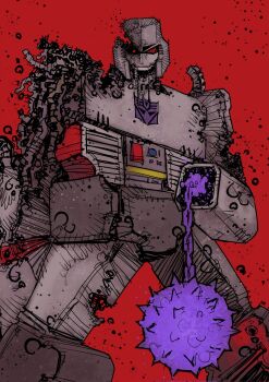 Rule 34 | 1boy, azoinab, ball and chain (weapon), battle damage, commentary, decepticon, energy weapon, english commentary, exposed internal machinery, feet out of frame, flail, full body, grey armor, helmet, highres, looking at viewer, male focus, mecha, mecha focus, mechabare, megatron, open mouth, red background, red eyes, robot, robot boy, solo, spike ball, spiked ball and chain, standing, teeth, transformers, transformers: generation 1, upper teeth only, weapon