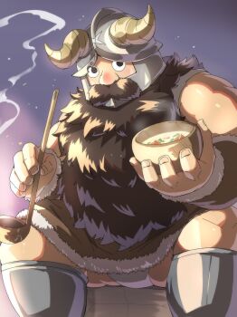1boy beard bowl commentary cooking dungeon_meshi dwarf emu_426 facial_hair fake_horns fundoshi helmet highres holding holding_bowl holding_ladle horned_helmet horns japanese_clothes ladle long_beard looking_at_viewer male_focus male_underwear male_underwear_peek offering_food senshi_(dungeon_meshi) sitting smoke thick_beard underwear very_long_beard