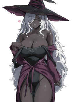 1girl black_dress breasts dark-skinned_female dark_skin dress elden_ring fangs_(fangs_art) feet_out_of_frame hair_over_one_eye hat heart highres large_breasts long_hair looking_at_viewer recluse_(elden_ring) simple_background smile solo standing very_dark_skin white_background white_hair witch witch_hat