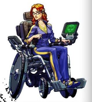 1girl barbara_gordon batman_(series) computer dc_comics female_focus glasses gradient_background lowres oracle oracle_(dc) pen red_hair sitting solo wheelchair