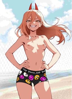 1girl bare_shoulders bikini bikini_shorts blonde_hair breasts chainsaw_man collarbone commentary cowboy_shot day demon_girl demon_horns english_commentary grin hair_between_eyes highres horns long_hair navel nipples outdoors parta_228 power_(chainsaw_man) red_horns sharp_teeth shorts small_breasts smile swimsuit teeth topless_female