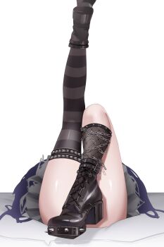 1girl absurdres black_boots black_socks black_thighhighs boots convenient_censoring fishnet_kneehighs grey_skirt high_heel_boots high_heels highres hololive hololive_english kneehighs leg_up shiori_novella single_kneehigh single_sock single_thighhigh skirt socks solo striped_clothes striped_thighhighs thighhighs trixie_(trixiex33)