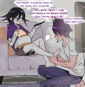 2boys aegyo_sal barefoot black_hair blush chips_(food) collarbone commentary controller couch danganronpa_(series) danganronpa_v3:_killing_harmony eating english_commentary english_text facial_hair fake_pregnancy flipped_hair food foot_massage goatee hair_between_eyes highres holding holding_remote_control hood hoodie implied_male_pregnancy indoors kneeling long_sleeves male_focus medium_hair miri_(bossu_osu) momota_kaito multiple_boys oma_kokichi on_couch pale_skin pants pillow purple_eyes purple_facial_hair purple_hair remote_control rubbing shirt short_hair shorts sitting size_difference soles speech_bubble spiked_hair talking toes white_shirt yaoi