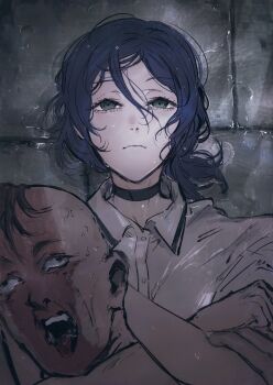 1boy 1girl asphyxiation black_hair chainsaw_man collared_shirt commentary english_commentary expressionless green_eyes hair_between_eyes highres lying moku_(muooku) on_back rear_naked_choke reze_(chainsaw_man) rolling_eyes shirt sidelocks strangling tile_floor tiles tongue tongue_out typhoon_devil&#039;s_contractor_(chainsaw_man) water wet white_shirt wide-eyed