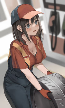 1girl belt black_bra black_gloves black_hair black_pants blue_eyes blush bra breasts cleavage commentary_request gas_station gloves hair_between_eyes hat hay highres holding holding_tire kureha_(ironika) large_breasts medium_breasts open_mouth orange_gloves original pants shirt short_sleeves smile solo spare_tire underwear unused_tire