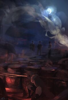 Rule 34 | 4others, barrel, black gloves, bracelet, coat, crescent moon, faceless, fur bracelet, fur collar, gloves, hood, hood up, jewelry, moon, multiple others, night, on one knee, original, outdoors, scenery, stalking, talking, trench, trench coat, wire fence, zandra