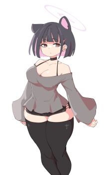 1girl aged_up animal_ears bare_shoulders black_choker black_hair black_skirt black_thighhighs blue_archive breasts cat_ears cat_girl choker cleavage ear_piercing grey_skirt hair_ornament hairpin halo kazusa_(blue_archive) large_breasts mabufuyo microskirt multicolored_hair piercing pink_hair pink_halo skirt solo thick_thighs thighhighs thighs two-tone_hair white_background wide_hips