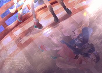 Rule 34 | 2girls, absurdres, arupaka5tuki, black boots, blonde hair, boots, bridge, cho kaguya-hime!, commentary request, highres, kaguya (cho kaguya-hime!), kiss, long hair, lower body, multiple girls, out of frame, purple hair, red shoes, reflection, reflection focus, sakayori iroha, shoes, sneakers, standing, standing on one leg, very long hair, yuri