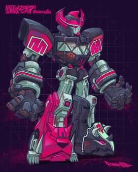 alternate_color black_background character_name chibi commentary daijuujin daizyuzin dino_megazord english_commentary freakyfir highres horns kyouryuu_sentai_zyuranger mecha mighty_morphin_power_rangers no_humans open_hands pink_eyes power_rangers robot science_fiction solo standing super_robot super_sentai tokusatsu