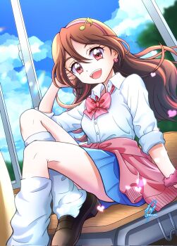 1girl alternate_costume blue_skirt blush breasts brown_eyes burafu_maru cardigan classroom commentary_request day desk earrings hair_ornament heart heart_earrings highres indoors jewelry kimi_to_idol_precure leg_warmers long_hair looking_at_viewer neck_ribbon open_mouth pink_cardigan pink_eyes pink_scrunchie precure ribbon sakura_uta_(precure) school_desk school_uniform scrunchie shirt sitting skirt small_breasts smile solo white_shirt