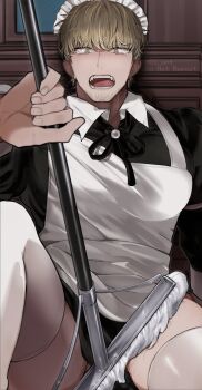 Rule 34 | 1boy, apron, black dress, black ribbon, covering privates, diort, dress, embarrassed, highres, hindley (project moon), holding, holding mop, limbus company, looking at viewer, mop, neck ribbon, project moon, ribbon, sitting, solo, thighhighs, white apron, white thighhighs