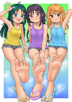 3girls :q barefoot black_hair blue_eyes blush brown_eyes feet flip-flops green_hair highres idolmaster idolmaster_cinderella_girls long_hair looking_at_viewer miyako_0320 miyoshi_sana multiple_girls nanjo_hikaru open_mouth orange_hair parted_lips sandals soles steam toes tongue tongue_out v yuuki_haru