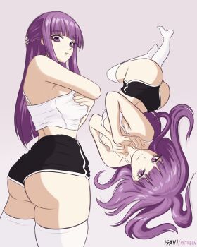 1girl artist_name ass black_shorts breasts commentary dolphin_shorts english_commentary fern_(sousou_no_frieren) grey_background highres isavi large_breasts looking_at_viewer multiple_views pout purple_eyes purple_hair shorts simple_background smile sousou_no_frieren tank_top thighhighs white_tank_top white_thighhighs