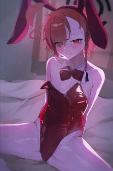 1girl absurdres ahoge animal_ear_hairband animal_ears armpit_crease arms_behind_back asymmetrical_bangs bare_arms bare_legs bare_shoulders bed_sheet bedroom black_halo blue_archive blush bow bowtie braid breasts collarbone commentary_request covered_navel curtains detached_collar eyes_visible_through_hair fake_animal_ears fang feet_out_of_frame gluteal_fold groin hair_between_eyes hair_over_one_eye hairband halo highleg highleg_leotard highres huge_ahoge huge_filesize indoors leotard loli looking_at_viewer loose_bowtie mintshiiii mole mole_under_eye neru_(blue_archive) neru_(bunny)_(blue_archive) official_alternate_costume on_bed open_mouth orange_hair oversized_breast_cup pillow playboy_bunny rabbit_ear_hairband rabbit_ears red_bow red_bowtie red_eyes red_hairband red_leotard short_hair single_braid sitting skin_fang slit_pupils small_breasts solo spread_legs strapless strapless_leotard sweatdrop window