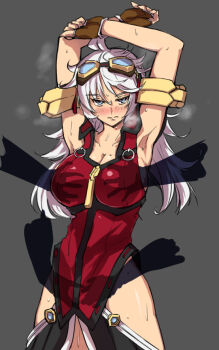 1girl antenna_hair armlet armpits bare_shoulders blue_eyes blush breasts breath brown_gloves cleavage closed_mouth collar collarbone cowboy_shot crotch_grab fingerless_gloves frown gloves goggles goggles_on_head grabbing_another&#039;s_breast grey_background groping hair_between_eyes heavy_breathing hip_focus jewelry large_breasts long_hair looking_at_viewer negresco project_x_zone_2 robe shiny_skin sideboob silver_hair simple_background solo_focus standing sweat thighs urashima_chizuru