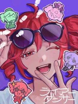 1girl ahoge chibi chibi_inset colored_eyelashes commentary_request drill_hair drop_shadow eyewear_on_head half-closed_eye head_tilt highres kasane_teto liar_dancer_(synthesizer_v) light_blush looking_at_viewer multiple_views nou_1182 one_eye_closed open_mouth portrait purple_background red_hair removing_eyewear shirt shoe_print short_hair simple_background smile song_name sunglasses tearing_up twin_drills utau w w_over_mouth white_shirt