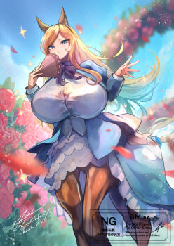 1girl animal_ears blonde_hair blue_dress blue_eyes blue_sky borrowed_character breasts centaur closed_mouth cloud commentary_request commission day dress estelle_bellegarde_(cassarah) falling_petals field flower flower_field folding_fan frilled_dress frills hand_fan highres holding holding_fan horse_ears horse_tail huge_breasts long_dress long_hair long_sleeves looking_at_viewer minksama monster_girl multiple_legs original outdoors parted_bangs petals puffy_long_sleeves puffy_sleeves red_flower red_rose rose shirt sidelocks signature skeb_commission sky solo sparkle standing standing_on_three_legs tail taur watermark white_shirt yellow_tail