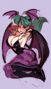 alex_ahad black_leotard breasts capcom cleavage clothing_cutout darkstalkers demon_girl green_eyes green_hair head_wings heart_cutout high_heels large_breasts leotard lipstick long_hair makeup morrigan_aensland pantyhose purple_pantyhose smile strapless strapless_leotard wings