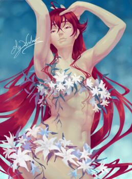 Rule 34 | 1girl, abs, abstract background, armpits, arms up, blue background, breasts, closed mouth, collarbone, commentary, completely nude, cowboy shot, crossed bangs, ely works, eris greyrat, flower, flower censor, hair between eyes, highres, lips, long hair, looking at viewer, medium breasts, mushoku tensei, navel, nude, red eyes, red hair, signature, solo, very long hair