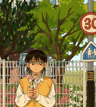 Rule 34 | 1girl, black eyes, black hair, bright pupils, brown sweater vest, closed mouth, collared shirt, crosswalk sign, day, fence, flower, highres, holding, holding jar, jar, long sleeves, looking at viewer, original, outdoors, road sign, school uniform, shirt, sign, sihyun25, solo, speed limit sign, sweater vest, tree, white pupils, white shirt